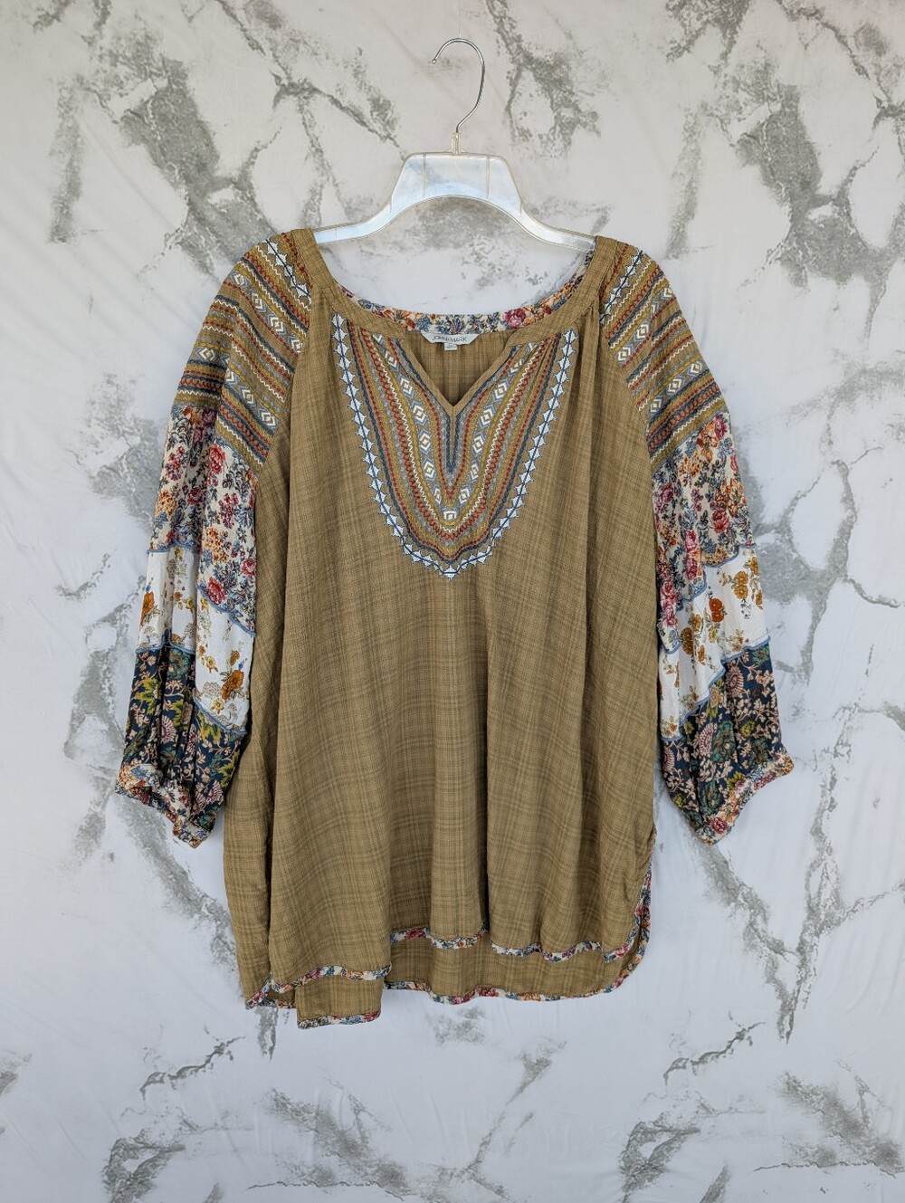 John Mark Olive Embroidered Floral Aztec Tunic Top Blouse Womens Size 2X